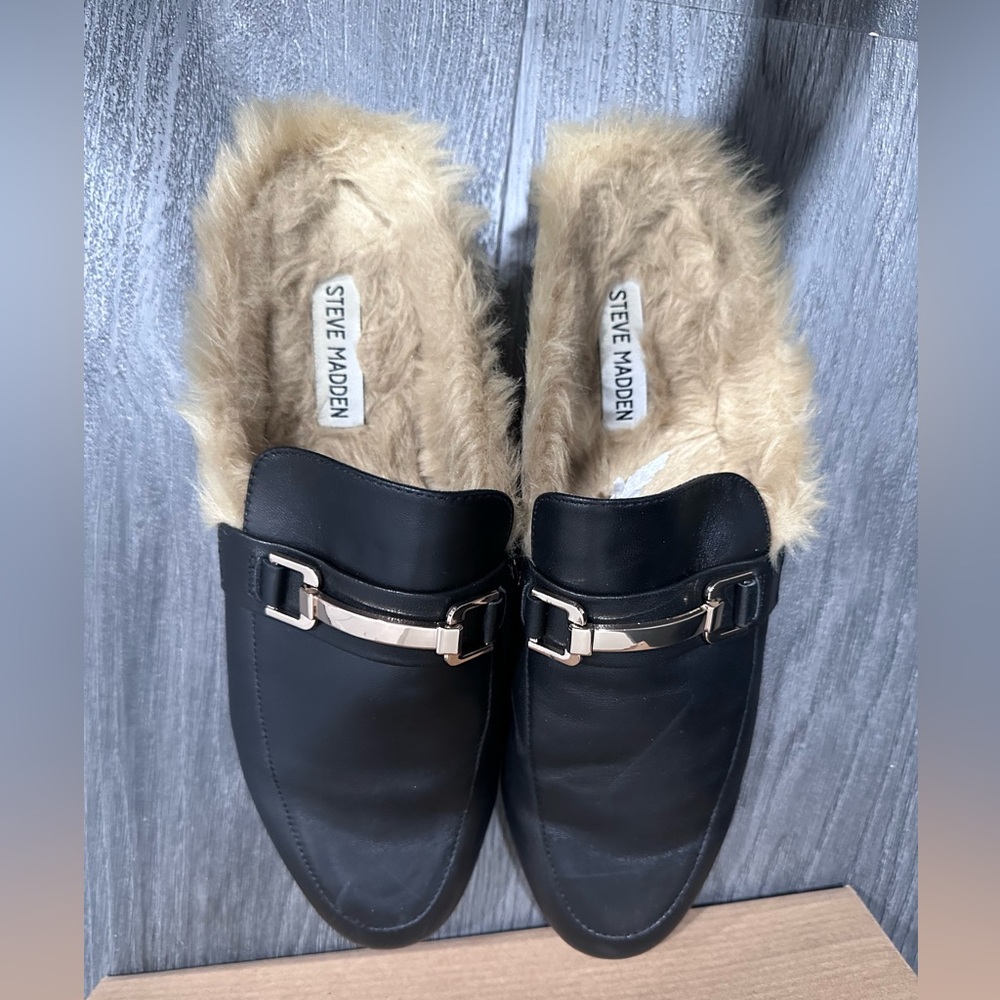 Steve Madden Black Fur-Lined Mules